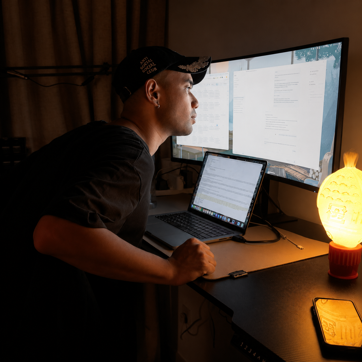 Founder working across multiple screens